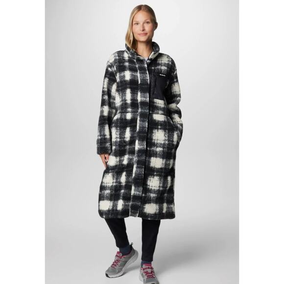 NEW Columbia Womens Warmth Full Length Jacket Size XL Black & White Plaid Sherpa - Picture 1 of 14